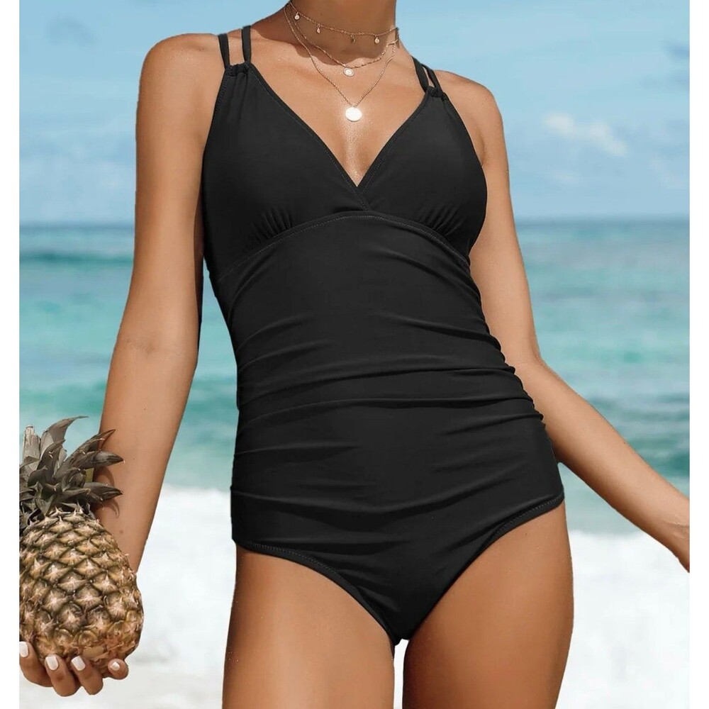 Charmo V Neck Tummy Control Criss Cross Light One-Piece Swimsuit Size L New